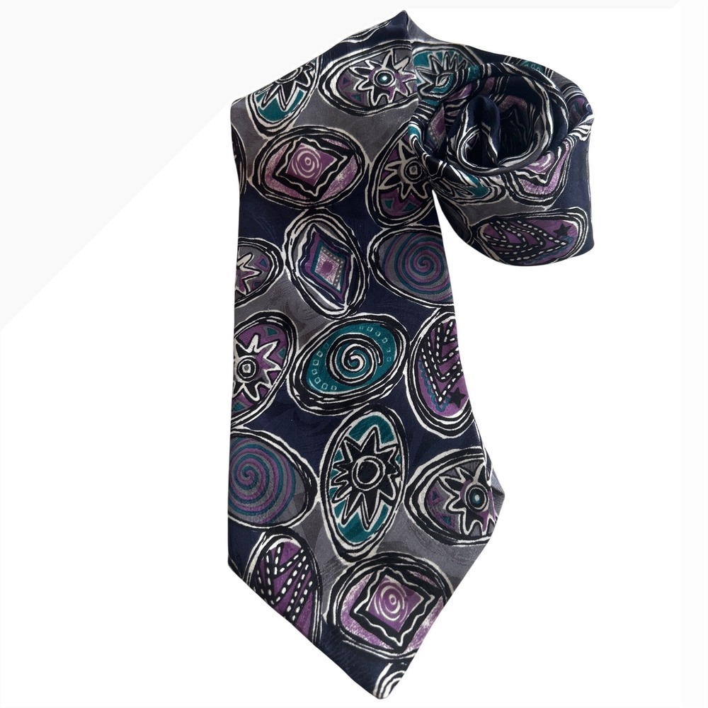 Monsieur Givenchy Mens Silk Tie Navy Purple Teal Abstract Geometric Vintage 90s